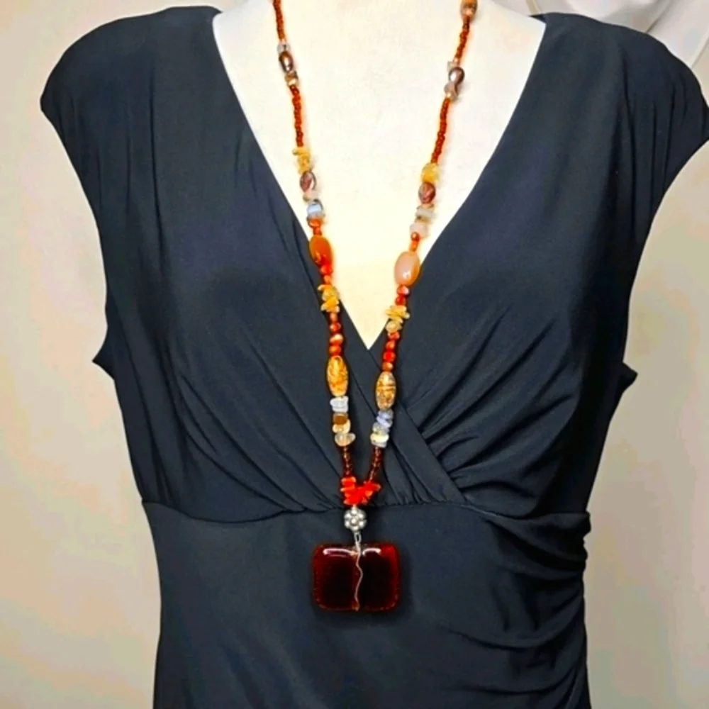 Triska Signed Artisan Beaded Necklace Bold Crimson Glass Focal & Earthy Gemstone - Picture 3 of 7